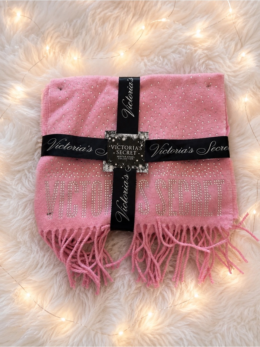 Victoria’s Secret Pink Rhinestone Fringe Scarf Wrap NWT Winter Angel